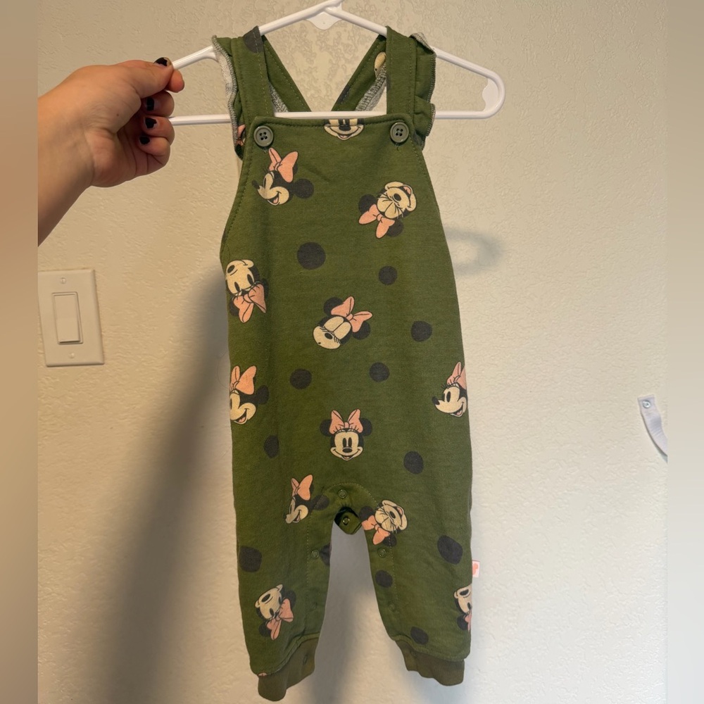Disney Baby Green Pink Minnie Mouse Overalls Jumpsuit Baby Girl 6-9 Months